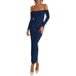 image:imagePRETTYGARDEN Womens 2026 Fall Long Sleeve Maxi Dress Off Shoulder Mesh Ruched Bodycon Trendy Long Wedding Guest DressesNavy Blue