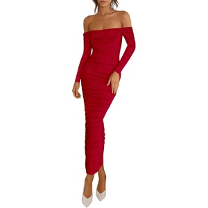 image:imagePRETTYGARDEN Womens 2026 Fall Long Sleeve Maxi Dress Off Shoulder Mesh Ruched Bodycon Trendy Long Wedding Guest DressesRed