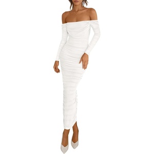 image:imagePRETTYGARDEN Womens 2026 Fall Long Sleeve Maxi Dress Off Shoulder Mesh Ruched Bodycon Trendy Long Wedding Guest DressesWhite