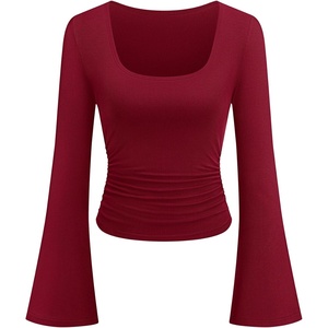 image:imagePRETTYGARDEN Womens Bell Long Sleeve Shirts Going Out Tops  Soft Stretchy Ribbed Knit Square Neck Slim Fit Y2K Clothes Trendy Side Ruched Layering Tee for Casual Fall amp Winter WearBurgundy