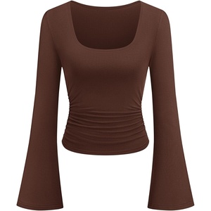 image:imagePRETTYGARDEN Womens Bell Long Sleeve Shirts Going Out Tops  Soft Stretchy Ribbed Knit Square Neck Slim Fit Y2K Clothes Trendy Side Ruched Layering Tee for Casual Fall amp Winter WearBrown