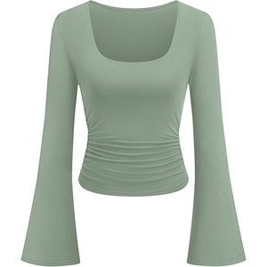 image:imagePRETTYGARDEN Womens Bell Long Sleeve Shirts Going Out Tops  Soft Stretchy Ribbed Knit Square Neck Slim Fit Y2K Clothes Trendy Side Ruched Layering Tee for Casual Fall amp Winter WearSage Green