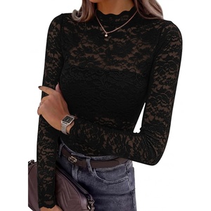 image:imagePRETTYGARDEN Womens Lace Long Sleeve Top Mesh Sheer Blouses Mock Neck See Through Slim Fitted Tops 2026 Fall Fashion ClothesBlack