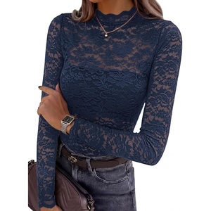 image:imagePRETTYGARDEN Womens Lace Long Sleeve Top Mesh Sheer Blouses Mock Neck See Through Slim Fitted Tops 2026 Fall Fashion ClothesNavy Blue
