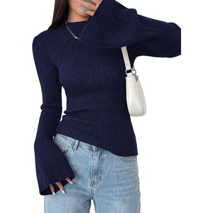 image:imagePRETTYGARDEN Womens Lightweight Mock Neck Sweaters  Bell Long Sleeve Tops Slim Fitted Pullover Soft Ribbed Knit Going Out Outfits Fall Winter Layering Fashion ClothingNavy Blue