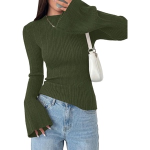 image:imagePRETTYGARDEN Womens Lightweight Mock Neck Sweaters  Bell Long Sleeve Tops Slim Fitted Pullover Soft Ribbed Knit Going Out Outfits Fall Winter Layering Fashion ClothingArmy Green