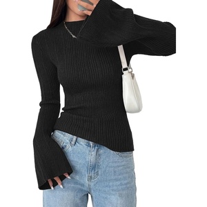 image:imagePRETTYGARDEN Womens Lightweight Mock Neck Sweaters  Bell Long Sleeve Tops Slim Fitted Pullover Soft Ribbed Knit Going Out Outfits Fall Winter Layering Fashion ClothingBlack