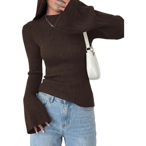 image:imagePRETTYGARDEN Womens Lightweight Mock Neck Sweaters  Bell Long Sleeve Tops Slim Fitted Pullover Soft Ribbed Knit Going Out Outfits Fall Winter Layering Fashion ClothingBrown