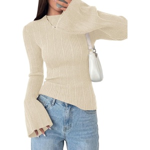 image:imagePRETTYGARDEN Womens Lightweight Mock Neck Sweaters  Bell Long Sleeve Tops Slim Fitted Pullover Soft Ribbed Knit Going Out Outfits Fall Winter Layering Fashion ClothingBeige