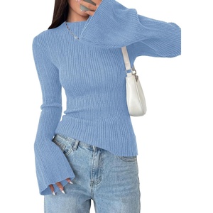 image:imagePRETTYGARDEN Womens Lightweight Mock Neck Sweaters  Bell Long Sleeve Tops Slim Fitted Pullover Soft Ribbed Knit Going Out Outfits Fall Winter Layering Fashion ClothingLight Blue