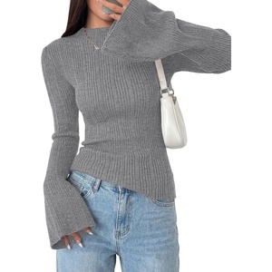 image:imagePRETTYGARDEN Womens Lightweight Mock Neck Sweaters  Bell Long Sleeve Tops Slim Fitted Pullover Soft Ribbed Knit Going Out Outfits Fall Winter Layering Fashion ClothingGrey