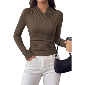 image:imagePRETTYGARDEN Womens Long Sleeve Shirts 2026 Fall V Neck Cross Wrap Going Out Top Ribbed Ruched Fitted Business Casual ClothesBrown