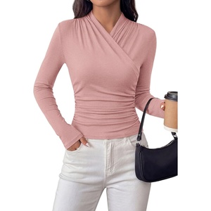 image:imagePRETTYGARDEN Womens Long Sleeve Shirts 2026 Fall V Neck Cross Wrap Going Out Top Ribbed Ruched Fitted Business Casual ClothesPink