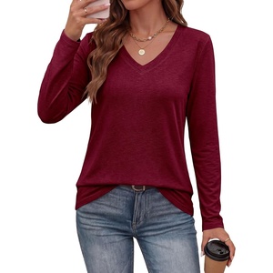 image:imagePRETTYGARDEN Womens Long Sleeve Shirts V Neck Basic Tees  Going Out Tops Soft Comfy Plain TShirts Loose Fit Tunic Blouses Casual Versatile Wear Brunch Outfits 2026 Fall ClothesBurgundy