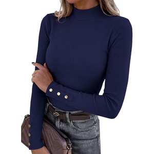 image:imagePRETTYGARDEN Womens Ribbed Mock Neck Long Sleeve Tops  Slim Fitted TShirts Soft Stretch Decorative Buttons Going Out Work Casual Wear Fall Outfits Layering Winter ClothesNavy Blue