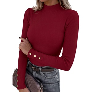 image:imagePRETTYGARDEN Womens Ribbed Mock Neck Long Sleeve Tops  Slim Fitted TShirts Soft Stretch Decorative Buttons Going Out Work Casual Wear Fall Outfits Layering Winter ClothesBurgundy