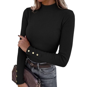 image:imagePRETTYGARDEN Womens Ribbed Mock Neck Long Sleeve Tops  Slim Fitted TShirts Soft Stretch Decorative Buttons Going Out Work Casual Wear Fall Outfits Layering Winter ClothesBlack