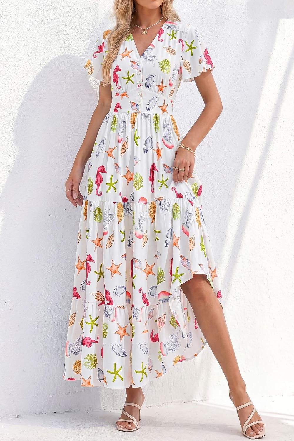 image:imagePRETTYGARDEN Women Summer Maxi Dresses 2026 Short Sleeve V Neck Button Floral Tiered Flowy Boho Sundress Beach OutfitsFloral White Multicolored