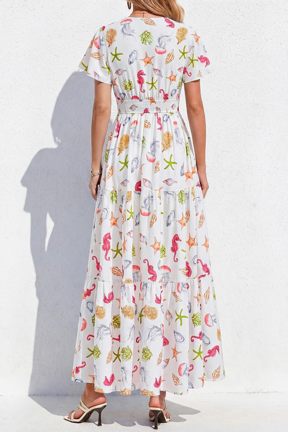 image:imagePRETTYGARDEN Women Summer Maxi Dresses 2026 Short Sleeve V Neck Button Floral Tiered Flowy Boho Sundress Beach OutfitsFloral White Multicolored