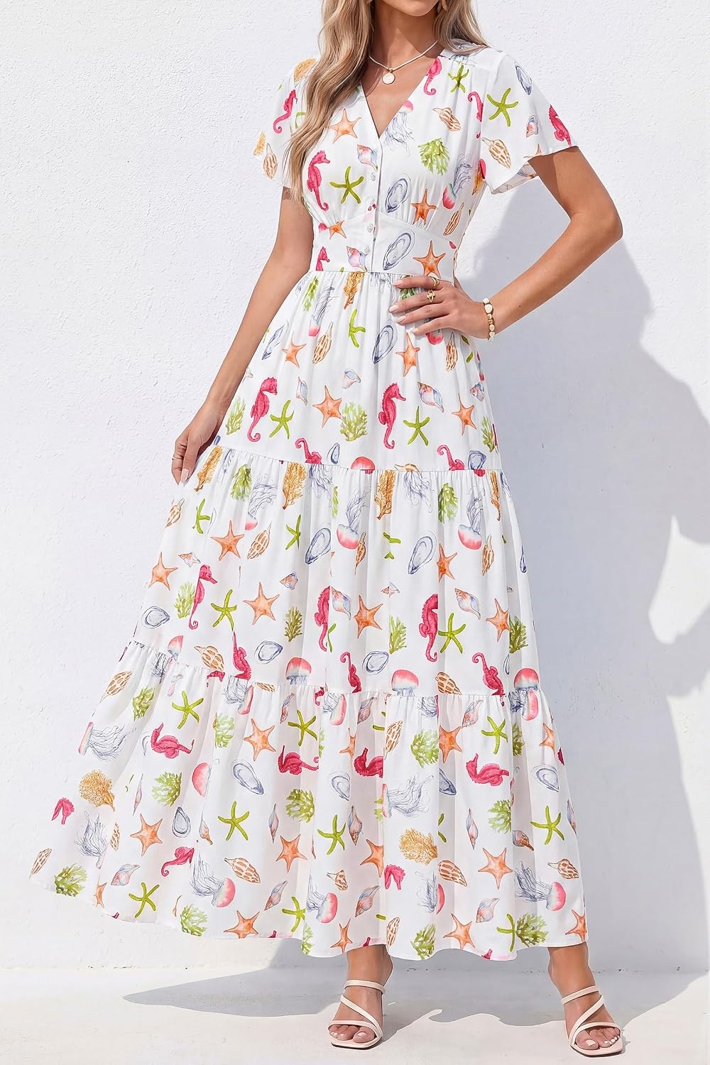 image:imagePRETTYGARDEN Women Summer Maxi Dresses 2026 Short Sleeve V Neck Button Floral Tiered Flowy Boho Sundress Beach OutfitsFloral White Multicolored