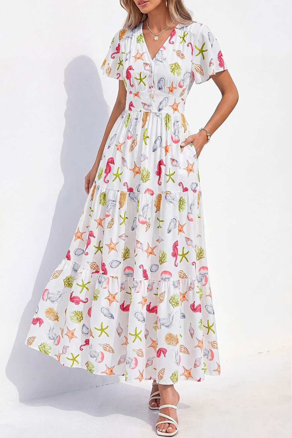 image:imagePRETTYGARDEN Women Summer Maxi Dresses 2026 Short Sleeve V Neck Button Floral Tiered Flowy Boho Sundress Beach OutfitsFloral White Multicolored