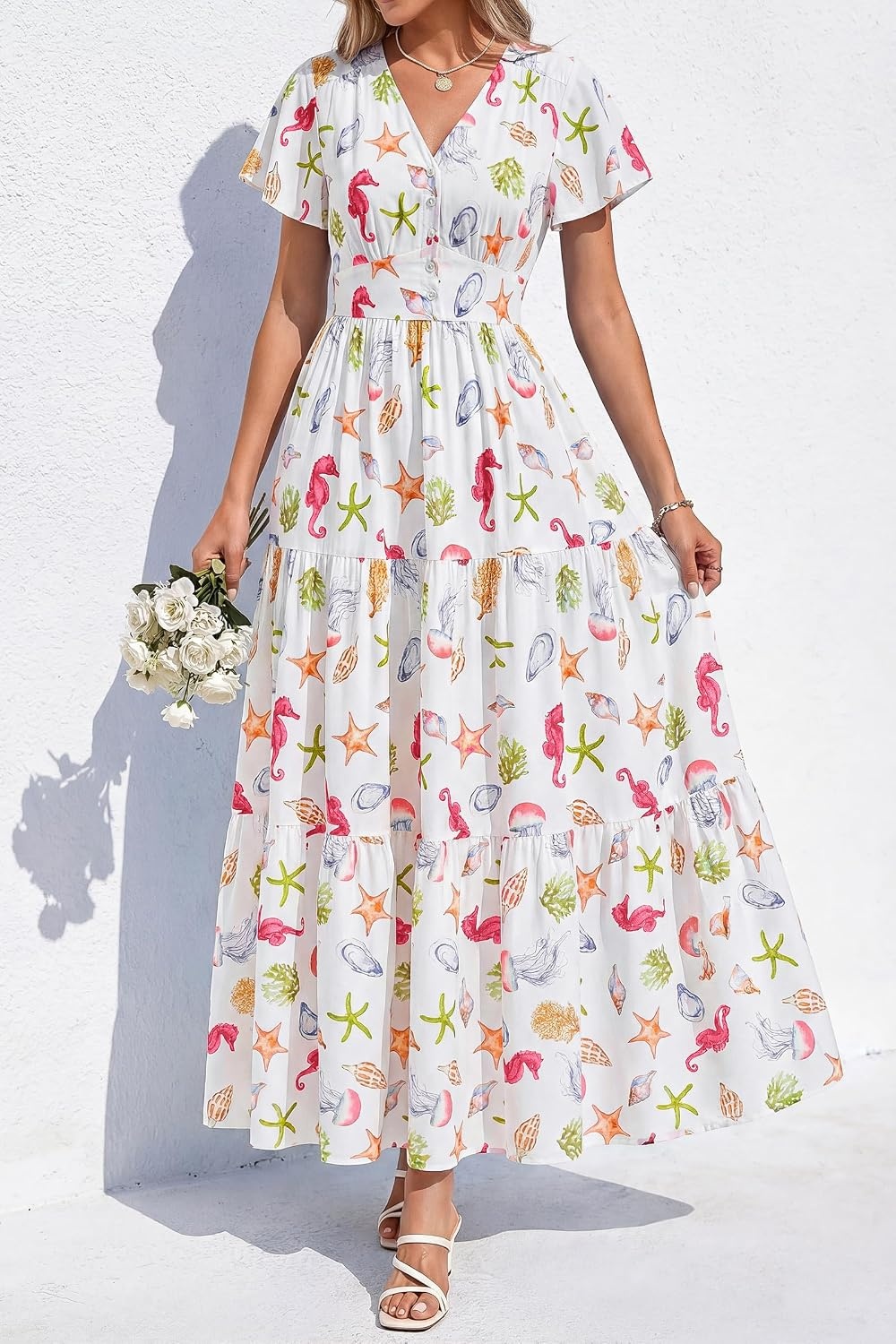image:imagePRETTYGARDEN Women Summer Maxi Dresses 2026 Short Sleeve V Neck Button Floral Tiered Flowy Boho Sundress Beach OutfitsFloral White Multicolored