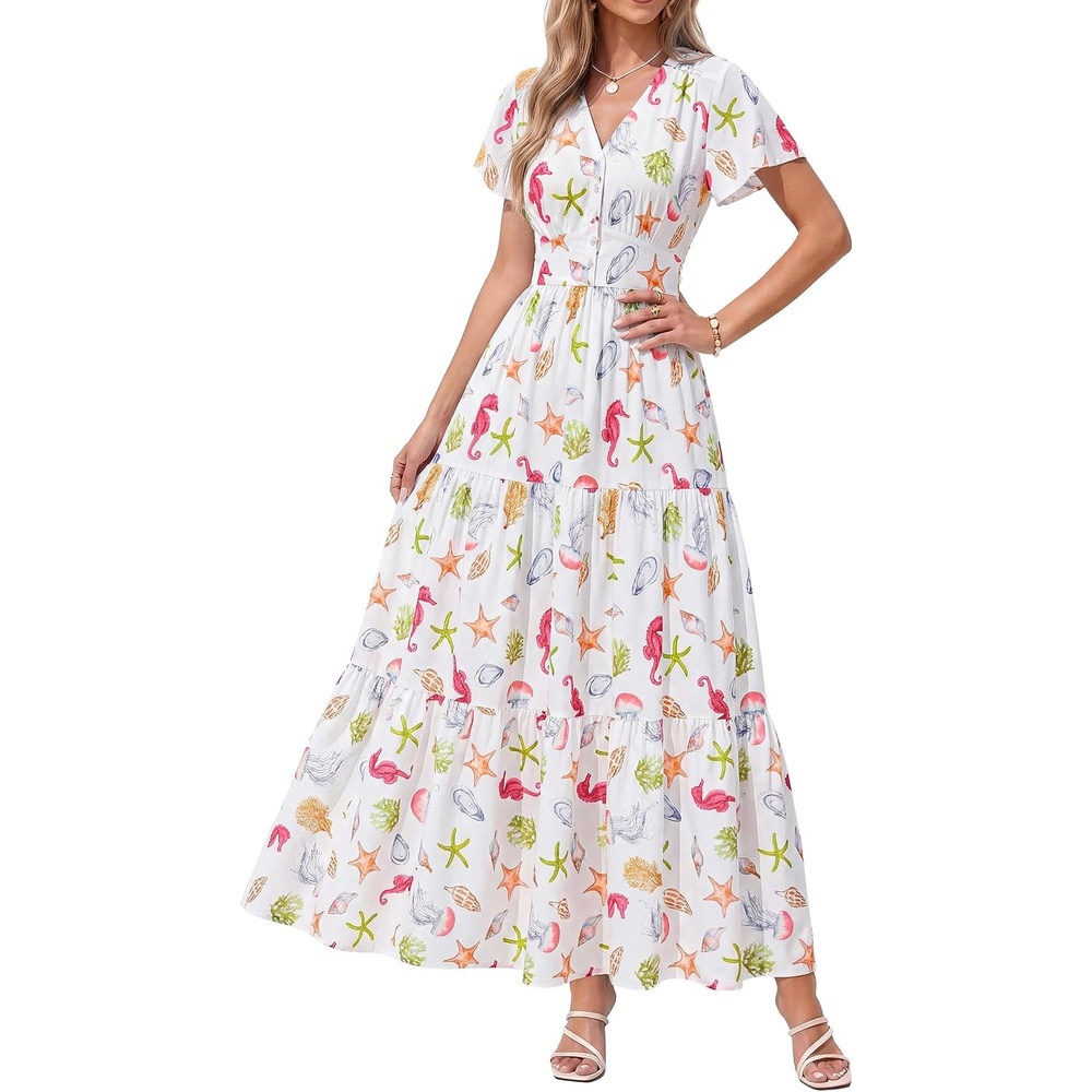 image:imagePRETTYGARDEN Women Summer Maxi Dresses 2026 Short Sleeve V Neck Button Floral Tiered Flowy Boho Sundress Beach OutfitsFloral White Multicolored