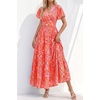 image:imagePRETTYGARDEN Women Summer Maxi Dresses 2026 Short Sleeve V Neck Button Floral Tiered Flowy Boho Sundress Beach OutfitsFloral Orange Red