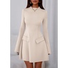 image:imagePRETTYGARDEN Womens Elegant Holiday Short Dress 2026 Fall Bell Long Sleeve Mock Neck Work Business Casual Party Mini DressBeige Apricot