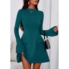 image:imagePRETTYGARDEN Womens Elegant Holiday Short Dress 2026 Fall Bell Long Sleeve Mock Neck Work Business Casual Party Mini DressBlue Green