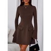 image:imagePRETTYGARDEN Womens Elegant Holiday Short Dress 2026 Fall Bell Long Sleeve Mock Neck Work Business Casual Party Mini DressBrown