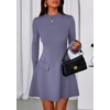 image:imagePRETTYGARDEN Womens Elegant Holiday Short Dress 2026 Fall Bell Long Sleeve Mock Neck Work Business Casual Party Mini DressGrey Blue