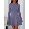image:imagePRETTYGARDEN Womens Elegant Holiday Short Dress 2026 Fall Bell Long Sleeve Mock Neck Work Business Casual Party Mini DressGrey Blue