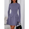 image:imagePRETTYGARDEN Womens Elegant Holiday Short Dress 2026 Fall Bell Long Sleeve Mock Neck Work Business Casual Party Mini DressGrey Blue