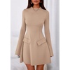 image:imagePRETTYGARDEN Womens Elegant Holiday Short Dress 2026 Fall Bell Long Sleeve Mock Neck Work Business Casual Party Mini DressKhaki