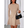 image:imagePRETTYGARDEN Womens Elegant Holiday Short Dress 2026 Fall Bell Long Sleeve Mock Neck Work Business Casual Party Mini DressKhaki