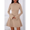 image:imagePRETTYGARDEN Womens Elegant Holiday Short Dress 2026 Fall Bell Long Sleeve Mock Neck Work Business Casual Party Mini DressKhaki