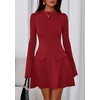 image:imagePRETTYGARDEN Womens Elegant Holiday Short Dress 2026 Fall Bell Long Sleeve Mock Neck Work Business Casual Party Mini DressRed