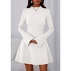 image:imagePRETTYGARDEN Womens Elegant Holiday Short Dress 2026 Fall Bell Long Sleeve Mock Neck Work Business Casual Party Mini DressWhite