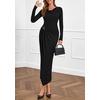 image:imagePRETTYGARDEN Womens Fall Wedding Guest Cocktail Midi Dresses Elegant Long Sleeve Bodycon Ruched Dress 2026 Fashion ClothingBlack