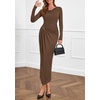 image:imagePRETTYGARDEN Womens Fall Wedding Guest Cocktail Midi Dresses Elegant Long Sleeve Bodycon Ruched Dress 2026 Fashion ClothingBrown