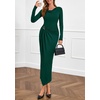 image:imagePRETTYGARDEN Womens Fall Wedding Guest Cocktail Midi Dresses Elegant Long Sleeve Bodycon Ruched Dress 2026 Fashion ClothingDark Green