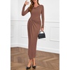 image:imagePRETTYGARDEN Womens Fall Wedding Guest Cocktail Midi Dresses Elegant Long Sleeve Bodycon Ruched Dress 2026 Fashion ClothingLight Brown