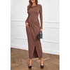 image:imagePRETTYGARDEN Womens Fall Wedding Guest Cocktail Midi Dresses Elegant Long Sleeve Bodycon Ruched Dress 2026 Fashion ClothingLight Brown