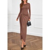 image:imagePRETTYGARDEN Womens Fall Wedding Guest Cocktail Midi Dresses Elegant Long Sleeve Bodycon Ruched Dress 2026 Fashion ClothingLight Brown