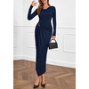 image:imagePRETTYGARDEN Womens Fall Wedding Guest Cocktail Midi Dresses Elegant Long Sleeve Bodycon Ruched Dress 2026 Fashion ClothingNavy Blue