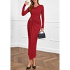 image:imagePRETTYGARDEN Womens Fall Wedding Guest Cocktail Midi Dresses Elegant Long Sleeve Bodycon Ruched Dress 2026 Fashion ClothingRed