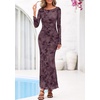 image:imagePRETTYGARDEN Womens Floral Bodycon Maxi Dress 2026 Spring Elegant Mesh Long Sleeve Formal Wedding Guest Cocktail DressesStyle2dark Purple Red