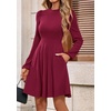image:imagePRETTYGARDEN Womens Long Sleeve Mini Dress 2026 Fall Trendy Crewneck Ribbed Knit Soft A Line Flowy Summer Formal DressesWine Red