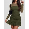 image:imagePRETTYGARDEN Womens Mesh Sheer Long Sleeve Ruched Bodycon Mini Dress 2026 Fall Cocktail Party Short Dresses with Ruffle HemArmy Green